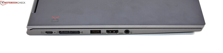 Left: Docking port (2x Thunderbolt 3, miniEthernet), USB 3.0 Type-A, HDMI, combo audio jack