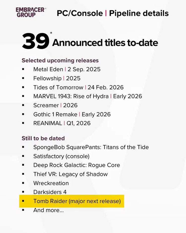 Image capture of the Embracer report. (Image source: Infinity Tomb Raider - X)