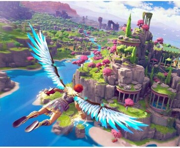 Fenyx glides above a colourful Greek-inspired landscape with glowing blue wings in Immortals Fenyx Rising. (Image source: Ubisoft)