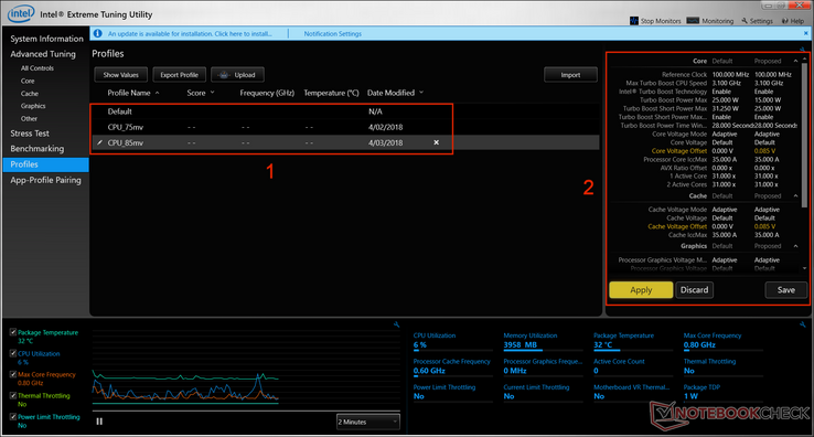 Intel XTU Profiles window showing the available/saved profiles (1) and the details window (2) with changes highlighted in yellow.