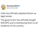 Hackers tweet that India has accepted Bitcoin as official currency from PM Modi's account