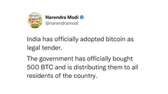 India adopts Bitcoin as a legal currency, read the hacked account (image: Narendra Modi/Twitter)