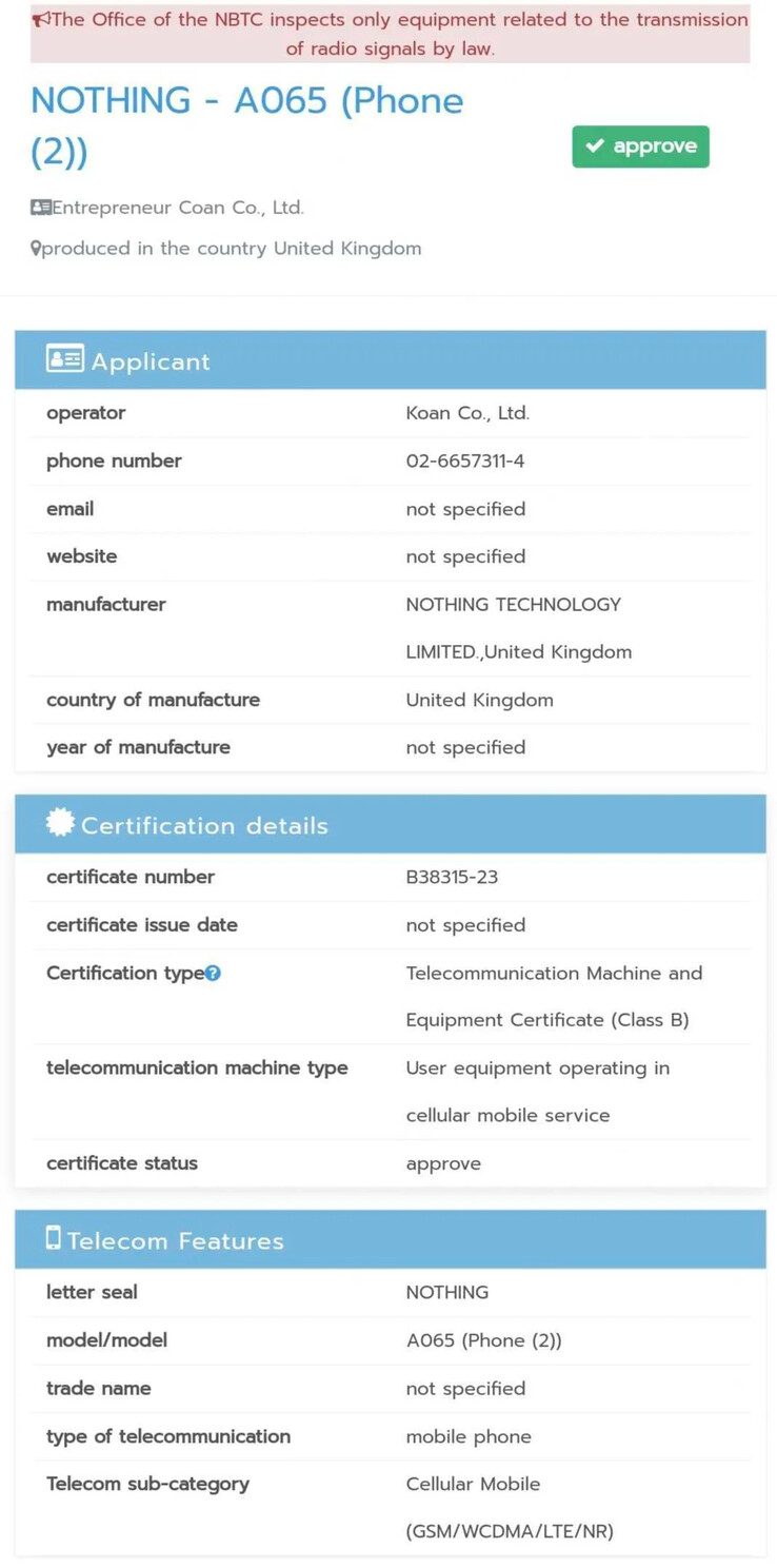 Nothing gets the Phone 2 certified in Thailand. (Source: NBTC via MySmartPrice)
