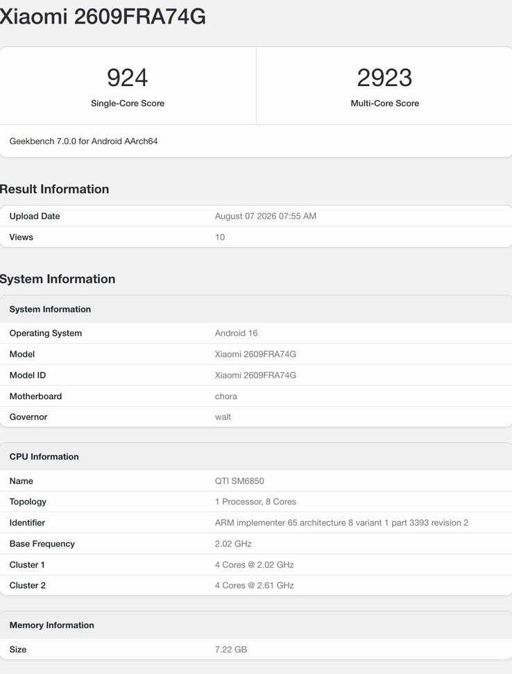The Redmi Note 17 Pro Max appears on Geekbench 7.