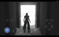 PC game running through DroidDeck on Android, showing a character in a snowy landscape with virtual controller buttons.