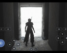 PC game running through DroidDeck on Android, showing a character in a snowy landscape with virtual controller buttons.