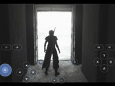 PC game running through DroidDeck on Android, showing a character in a snowy landscape with virtual controller buttons.