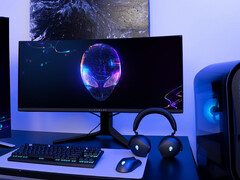 The AW3423DWF has a 34-inch 1800R curved QD-OLED panel. Pictured: a setup with the gaming monitor. (Image source: Dell)
