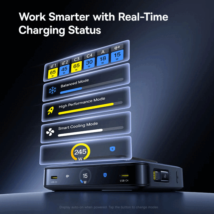 The Baseus Nomos NH21 6-in-1 GaN desktop charging station features a 3-inch LCD display (Image source: Baseus)