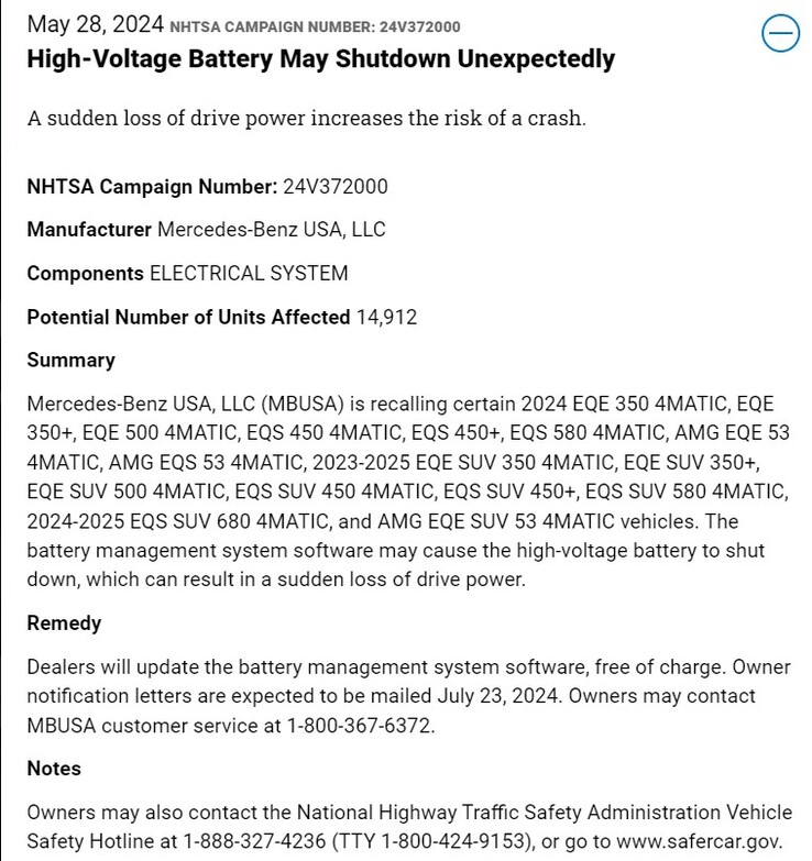 Mercedes-Benz recall notice. (Source: NHTSA)