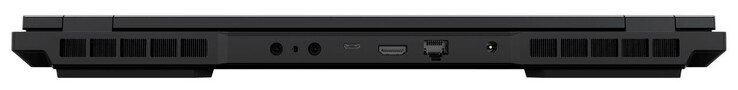 Rear: 2x connectors for the water cooling, Thunderbolt 4/USB 4 (USB-C; Power Delivery, Displayport, G-Sync), HDMI, Gigabit Ethernet (2,5 GBit/s), power conector