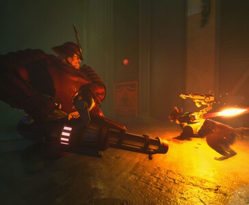 Agent T.H.U.N.D.E.R. battles a heavily armored enemy with a flamethrower in Barkour, using mounted high-tech weapons. (Image source: Varsav Game Studios via Steam)