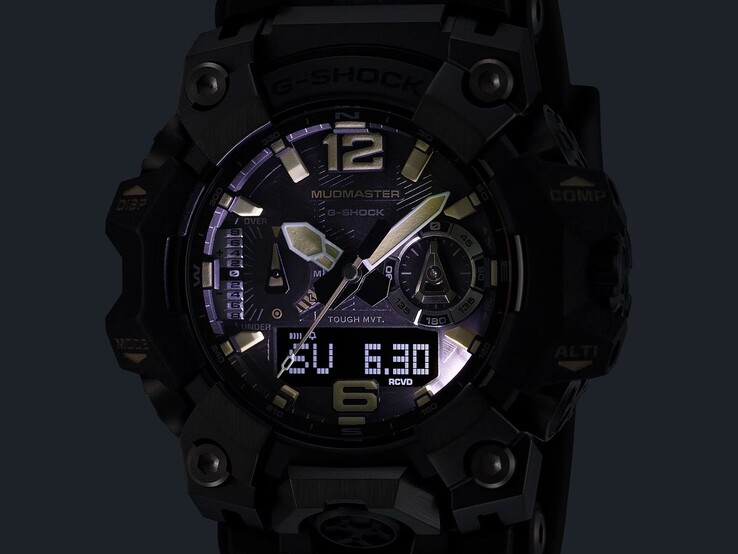 Built-in Super Illuminator LEDs highlighting the watch dial in a dark setting.
