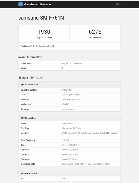 Galaxy Z Flip FE Geekbench listing (image source: Abhishek Yadav on X)