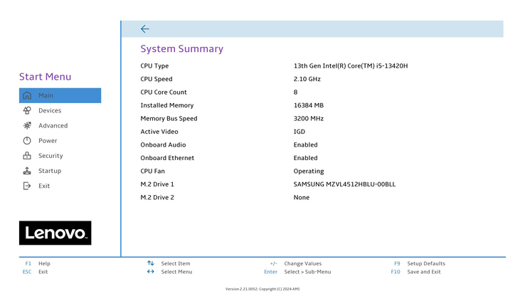 BIOS options on the Lenovo IdeaCentre Mini 5