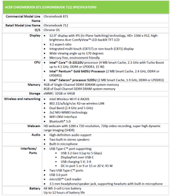 Acer Chromebook 712 Specs. (Image Source: Acer)