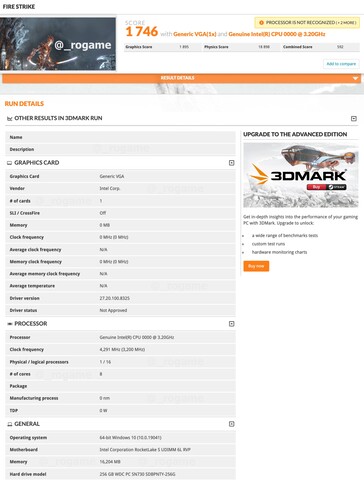 Intel Rocket Lake-S 3DMark Fire Strike score. (Image Source: @_rogame on Twitter)