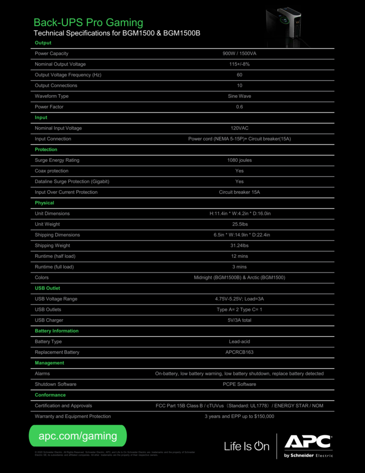 APC Back-UPS Pro BGM1500B specifications (Source: Schneider Electric)