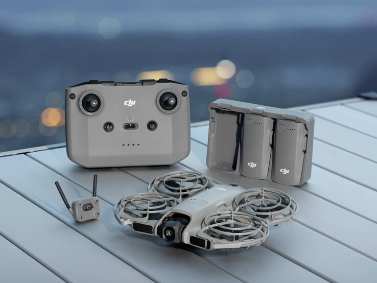 The DJI Neo 2 with its Digital Video Transmission Module and other accessories. (Image source: DJI)