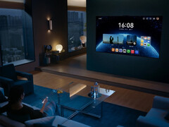 The Mate TV Pro running HarmonyOS and being controlled by Huawei's conventional remote control. (Image source: Huawei)