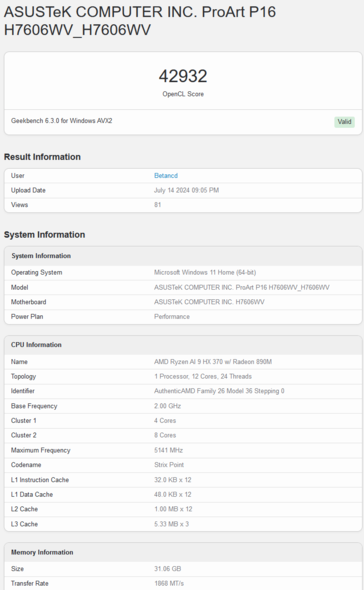 AMD Radeon 890M Geekbench OpenCL score (image via Geekbench)