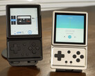 The Anbernic RG Rotate in its Aurora Silver and Polar Black finishes, from left to right.