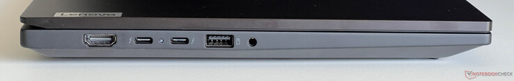 Left: HDMI 2.1, 2x USB-C 4.0 with Thunderbolt 4 (40 Gbit/s, DisplayPort ALT mode 1.4, Power Delivery 3.0), USB-A 3.2 Gen 1 (5 Gbit/s, powered), 3.5-mm audio