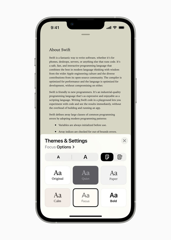 An iPhone 13 Pro running an updated version of Apple Books features theming options that can be configured to correlate with Focus Modes. (Image source: Apple)