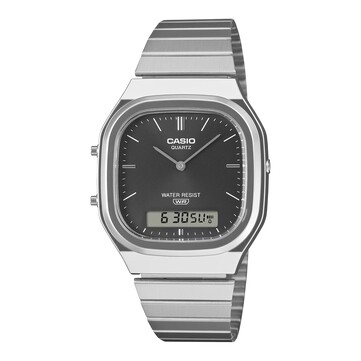 Casio AQ-240E-1A retro analog-digital watch with a black sunburst dial, silver-tone case, and stainless steel bracelet.