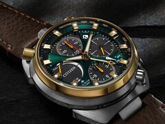 Angled view of the Citizen Promaster Tsuno Chrono Racer highlighting its distinctive bullhead case, gold-tone bezel and top-mounted chronograph pushers.