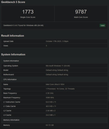 Core Ultra 9 185H Geekbench listing (image via Geekbench)