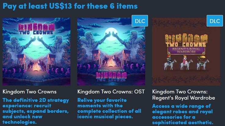 Decorative image. The second tier contains a total of 6 items and costs 13 (Image source: Humble Bundle)