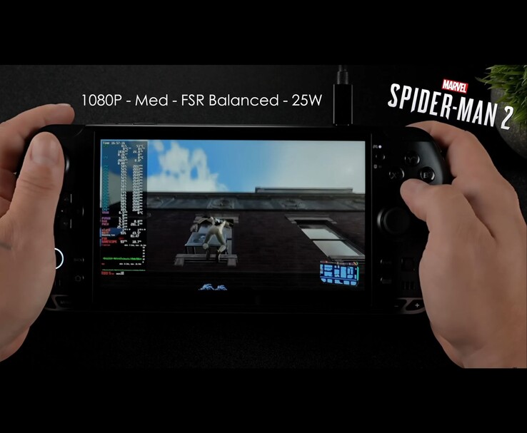 GPD Win 5 handheld gaming PC running Marvel’s Spider-Man 2 at 1080p Medium settings with FSR Balanced and a 25 W TDP. (Image source: ETA PRIME via YouTube)