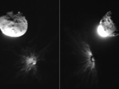 Photos taken by the Italian LICIACube of the asteroid after the impact (Image source: NASA, ASI, and University of Maryland; cropped)