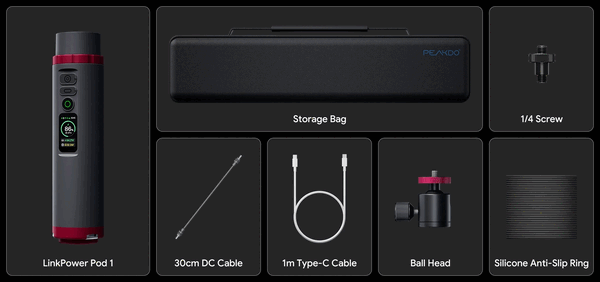 The LinkPower Pod 1 comes with a carrying case and accessories for attaching it to a camera tripod.