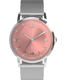 Timex x Todd Snyder Marlin Mesh watch with a salmon sunburst dial and stainless steel mesh bracelet.