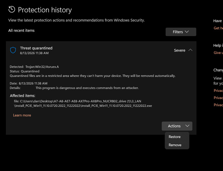 The executable flagged by Windows Defender