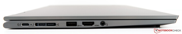 Left side: Docking port (two Thunderbolt 3 ports, one Mini-Ethernet port), one USB 3.0 Type-A port, one HDMI 1.4b output, combination headphone/microphone jack