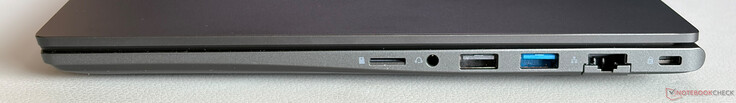 Right: microSD-card slot, 3.5 mm stereo jack, USB-A 2.0, USB-A 3.2 (5 Gbit/s), Gigabit-Ethernet, lock slot