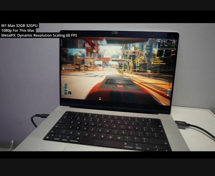 Cyberpunk 2077 running on an M1 Max MacBook Pro (32GB RAM, 32-core GPU) at 1080p using MetalFX Dynamic Resolution Scaling. The game sustains a smooth 60 FPS performance, demonstrating the power of early Apple Silicon for native AAA gaming. (Image source: