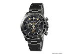 Black Seiko D51 steam locomotive collaboration chronograph with gold dial accents and stainless-steel bracelet.