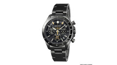 Black Seiko D51 steam locomotive collaboration chronograph with gold dial accents and stainless-steel bracelet.