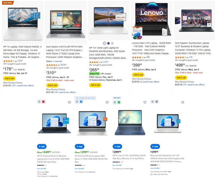 A casual buyer trying to find something for under $500 these days can really only pick between "bad" and "worse", wherever they're shopping. (Image source: Amazon.com, Walmart.com - own screenshots)