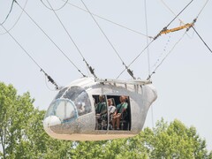 The aircraft body model hanging 35 feet in the air (Image source: NASA and Mark Knopp; cropped)