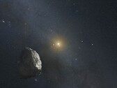 An illustration showing an asteroid and a star.