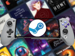 GameHub v5.2 is now available to download. Pictured: an Android phone running Steam. (Image source: Steam and GameSir - edited)