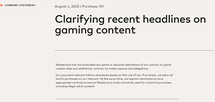 Mastercard statement on gaming bans (Image source: screenshot, Mastercard)