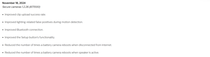 The change log for update version 1.2.26 for Philips Hue Secure cameras. (Image source: Philips Hue)