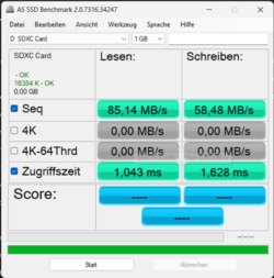 AS-SSD values of the SD card reader with Angelbird AV Pro V60 SD card