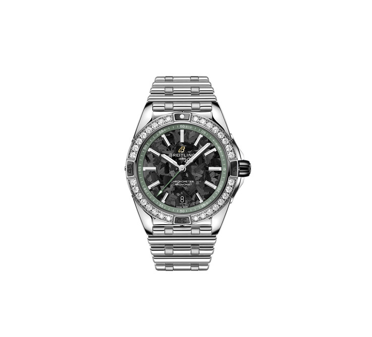 The Breitling Super Chronomat Automatic 38 features a 38 mm stainless-steel case, carbon-fibre dial, diamond-set bezel and green accents inspired by the Aston Martin Valhalla.